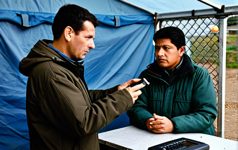 A calm, composed adult in modest, practical outdoor attire, demonstrating the use of a hand-crank radio in a well-organized community temporary shelter. The individual's expression is focused and resilient. The background shows other fully clothed individuals in appropriate attire, engaged in quiet activities, indicating a state of order and preparedness. Natural lighting, professional photography, high quality, realistic. safe for work, appropriate content, fully clothed, professional, perfect anatomy, correct proportions, natural pose, well-formed hands, proper finger count, natural body proportions.
