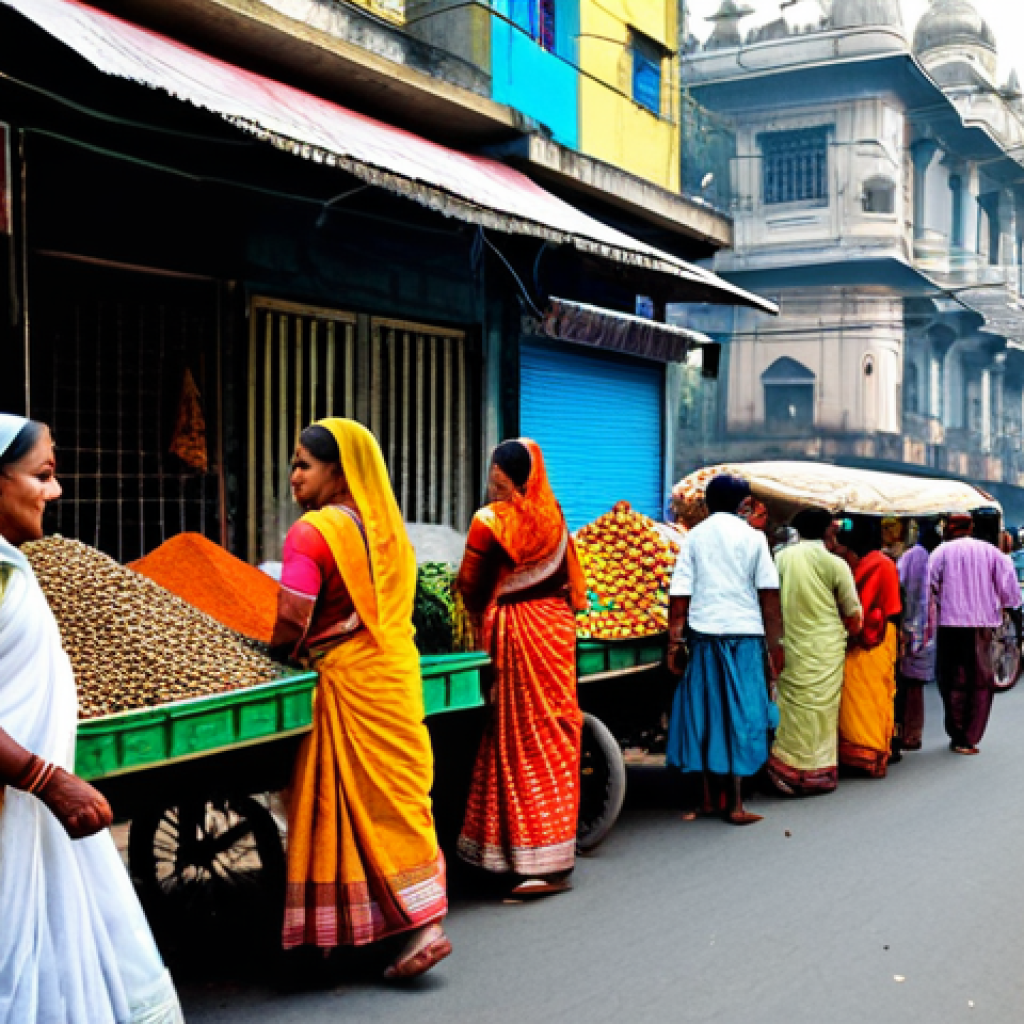 Bustling Kolkata Street Scene**

A vibrant and colorful street scene in Kolkata, India. Focus on the everyday life: vendors selling spices and flowers, people in modest traditional clothing (saris, kurtas), rickshaws, and colonial-era architecture in the background. Capture the energy and atmosphere of the city with realistic detail. Safe for work, appropriate content, fully clothed, professional, perfect anatomy, correct proportions, natural pose, well-formed hands, proper finger count, natural body proportions.

**