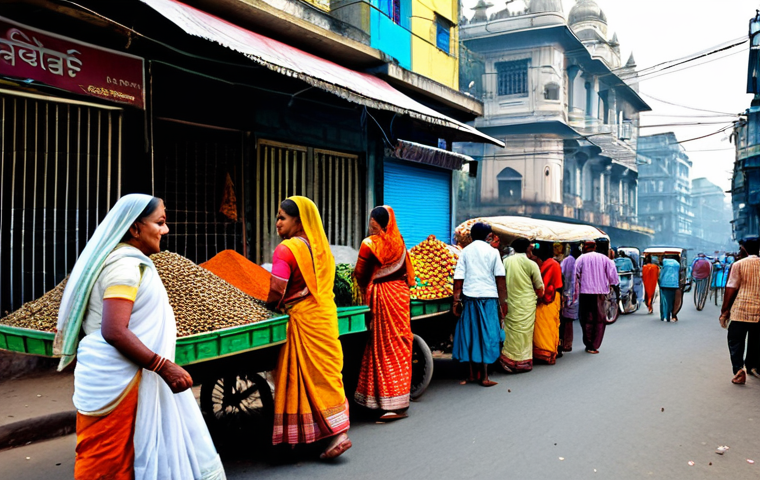 Bustling Kolkata Street Scene**

A vibrant and colorful street scene in Kolkata, India. Focus on the everyday life: vendors selling spices and flowers, people in modest traditional clothing (saris, kurtas), rickshaws, and colonial-era architecture in the background. Capture the energy and atmosphere of the city with realistic detail. Safe for work, appropriate content, fully clothed, professional, perfect anatomy, correct proportions, natural pose, well-formed hands, proper finger count, natural body proportions.

**