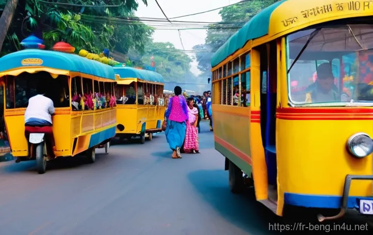 벵골어 유학 생활 - **Vibrant Kolkata Arrival - Sensory Overload and Excitement:**
    A wide shot of a bustling street ...