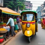 벵골어 택시 이용 - **Prompt 1: Bustling Dhaka Street Market with Traditional Transport**
    A vibrant, wide-angle, rea...