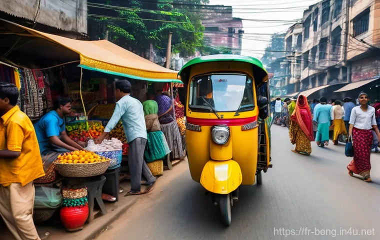 벵골어 택시 이용 - **Prompt 1: Bustling Dhaka Street Market with Traditional Transport**
    A vibrant, wide-angle, rea...