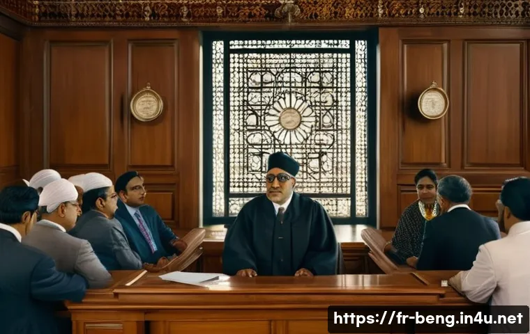 벵골어 법률 용어 - A detailed courtroom scene in a modern Bengali judicial setting: a judge wearing traditional Bengali...