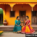 벵골어 유명 작가 - A serene scene depicting a Bengali family celebrating a traditional festival, richly dressed in colo...