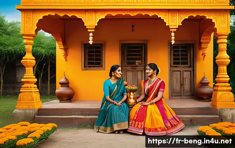 벵골어 유명 작가 - A serene scene depicting a Bengali family celebrating a traditional festival, richly dressed in colo...