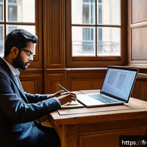 벵골어 논문 작성법 - An academic scholar in a modern French university library setting, deeply focused on writing a thesi...