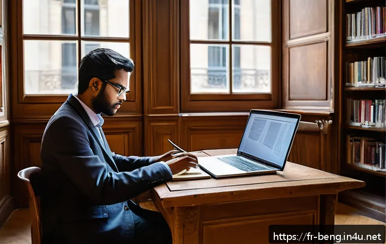 벵골어 논문 작성법 - An academic scholar in a modern French university library setting, deeply focused on writing a thesi...