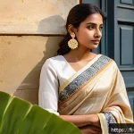 벵골어 전통 의상 - A young French woman dressed in a modern Bengali sari featuring a contemporary reinterpretation of t...