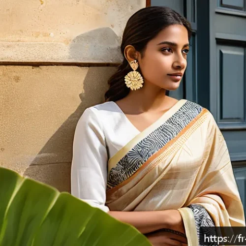 벵골어 전통 의상 - A young French woman dressed in a modern Bengali sari featuring a contemporary reinterpretation of t...