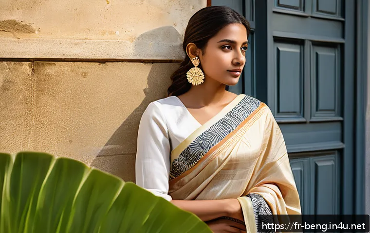 벵골어 전통 의상 - A young French woman dressed in a modern Bengali sari featuring a contemporary reinterpretation of t...