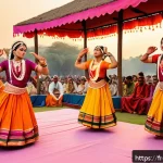벵골어 전통 춤 - A group of traditional Bengali dancers performing the Chhau style in vibrant, colorful silk and cott...