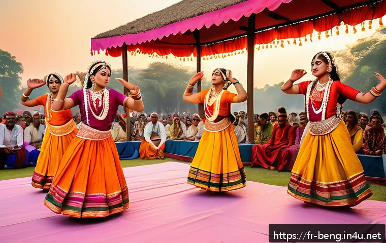 벵골어 전통 춤 - A group of traditional Bengali dancers performing the Chhau style in vibrant, colorful silk and cott...
