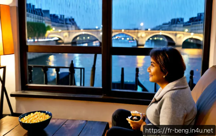 벵골어 영화 감상 - Photorealistic cozy Paris apartment living room, a French couple in their 50s watching a colorful Be...